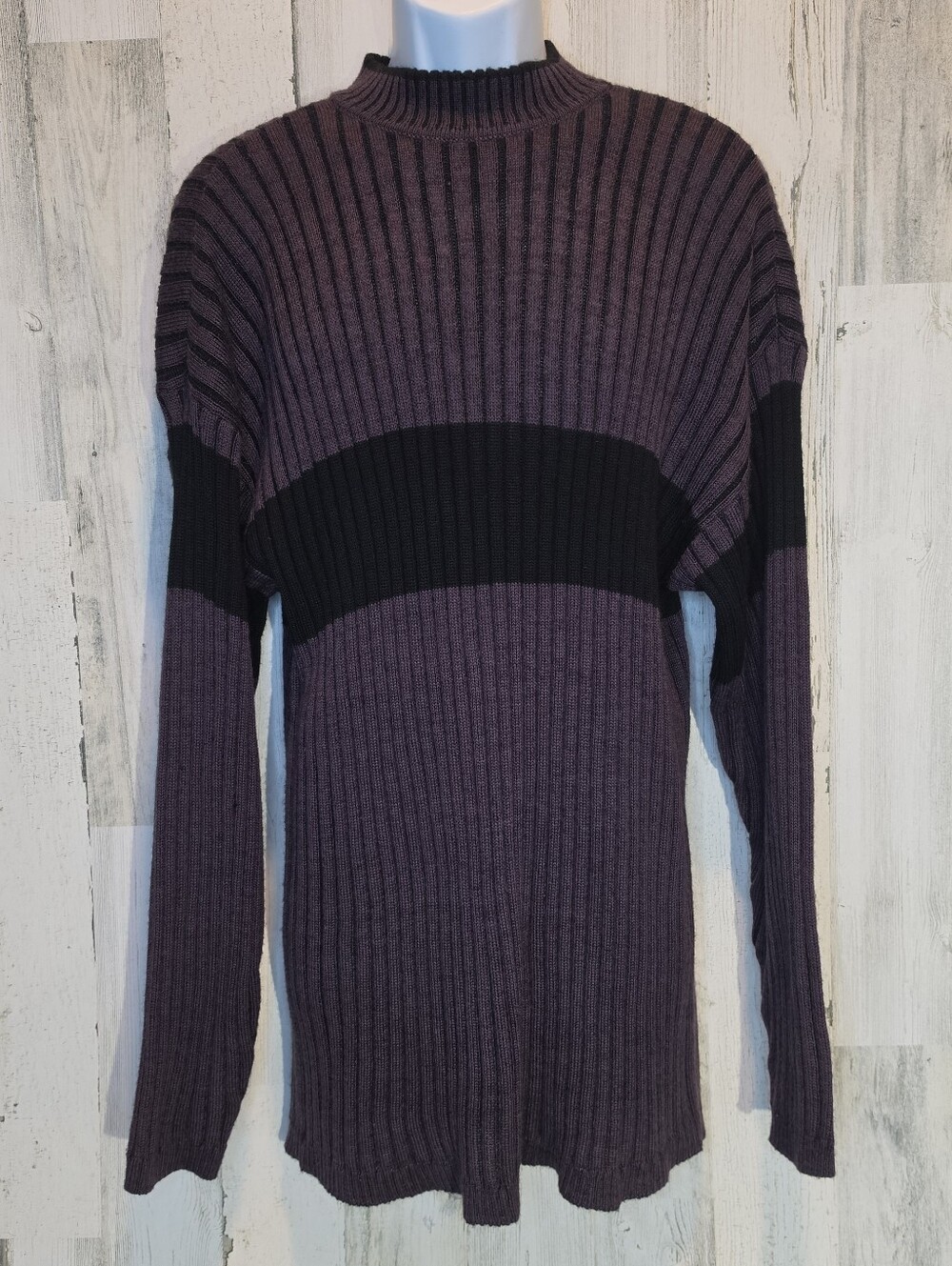 Bachrach Men’s XL Vintage Ribbed Sweater Purple Black Colorblock Mock Neck 90s